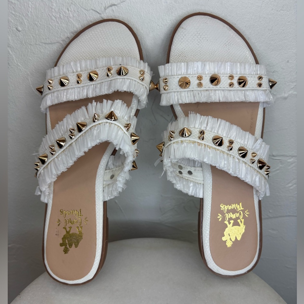 CAMEL THREADS White Gold Sandal Flats Shoes Raffia Gold Slip On 2 Strap Women 7 - Picture 7 of 8